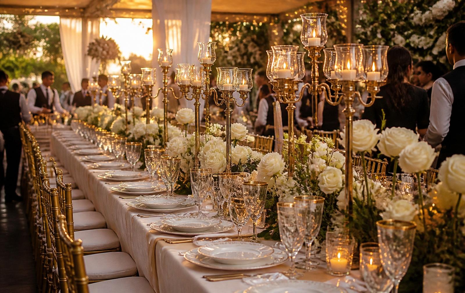 Mesa de banquete elegante com velas e rosas brancas